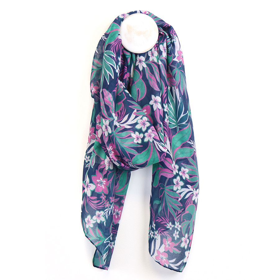 Recycled teal mix tropical floral vine print scarf