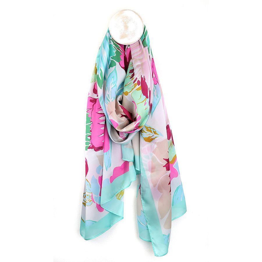 Silky aqua and pink tropical flower print scarf
