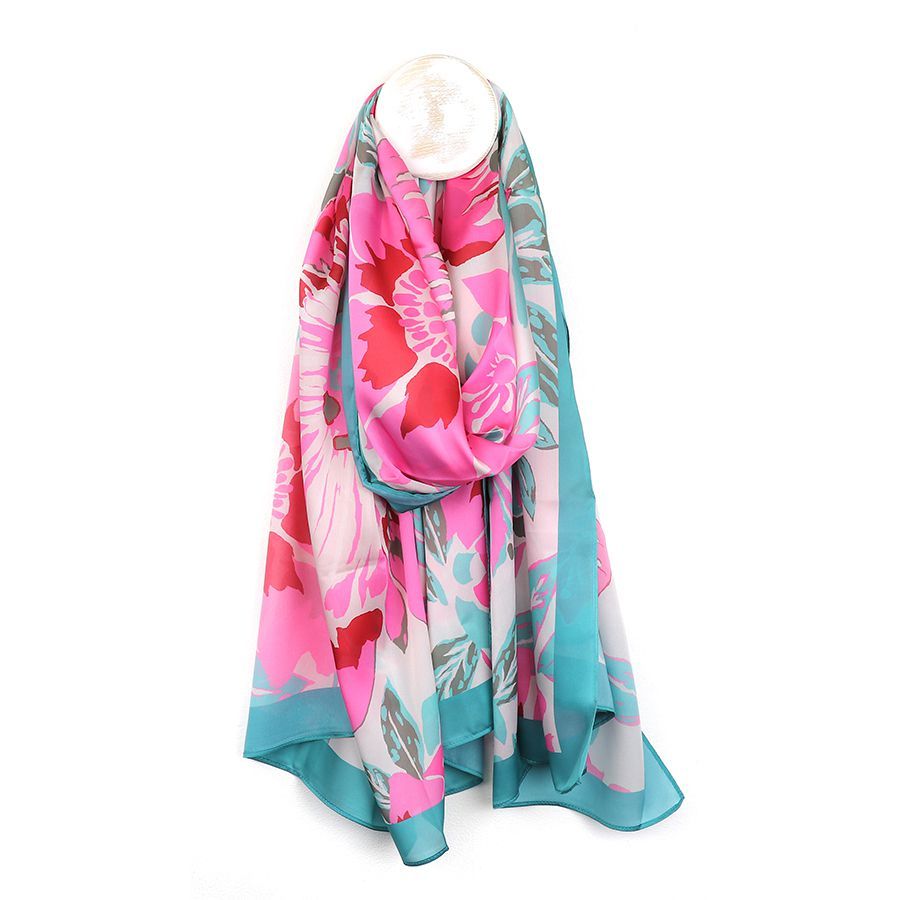 Silky pink and turquoise tropical flower print scarf