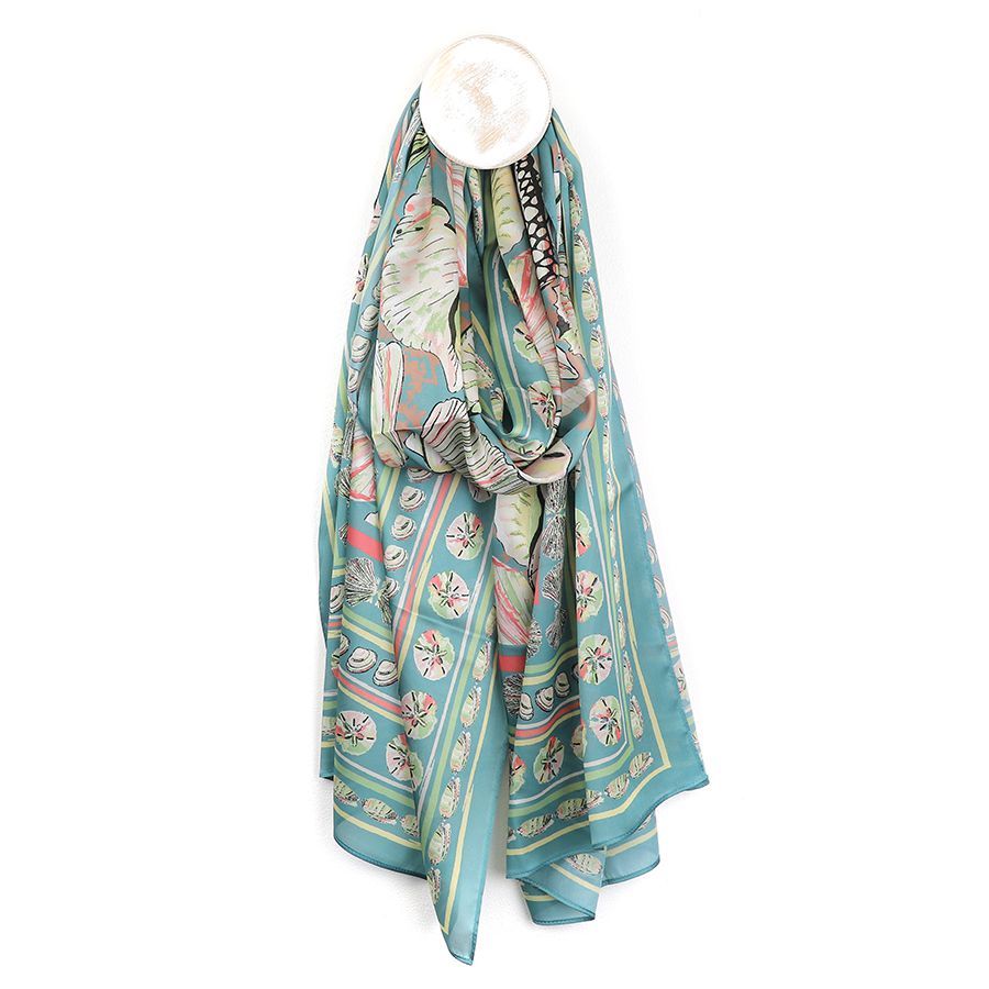 Silky aqua and coral shell print scarf