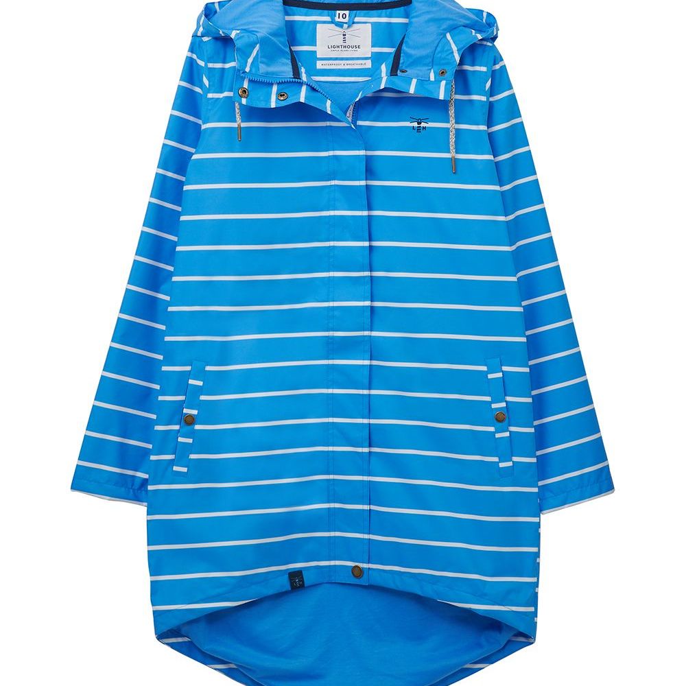 Long Beachcomber Jacket - Azure Blue Stripe- Size 10, 12, 14, 16