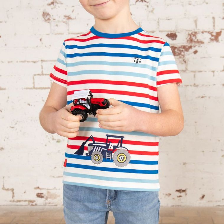 Oliver Short Sleeve Top - Navy Red/ Blue Stripe with Tractor Print - Age 1-