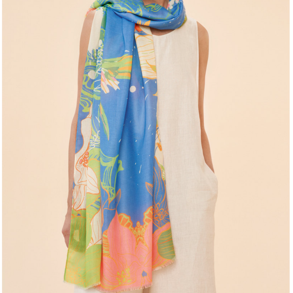Printed Hummingbird Scarf - Denim