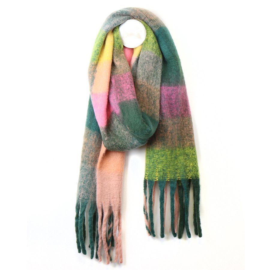 Green and pink mix fluffy check scarf