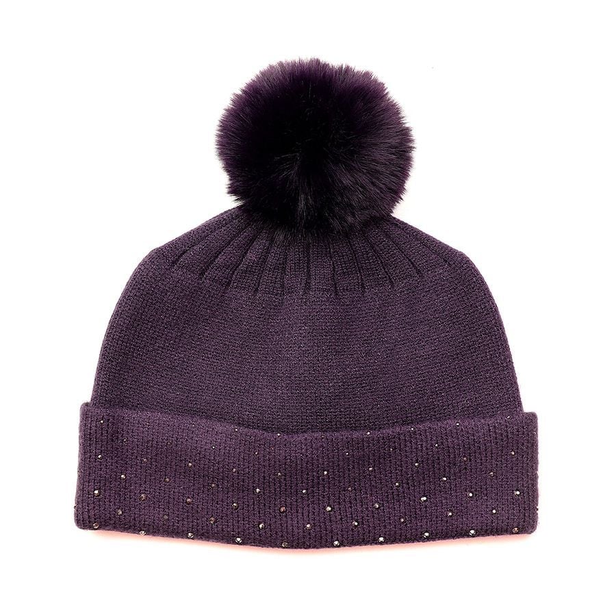 Embellished bobble hat- Aubergine