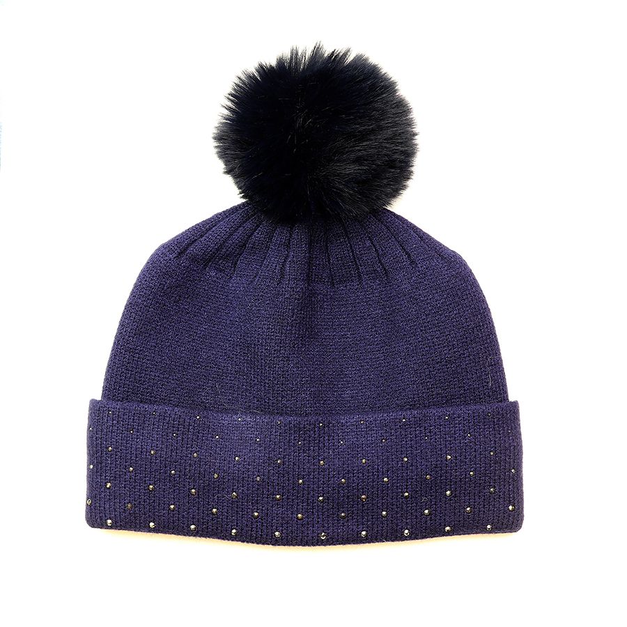 Embellished bobble hat- Deep Navy
