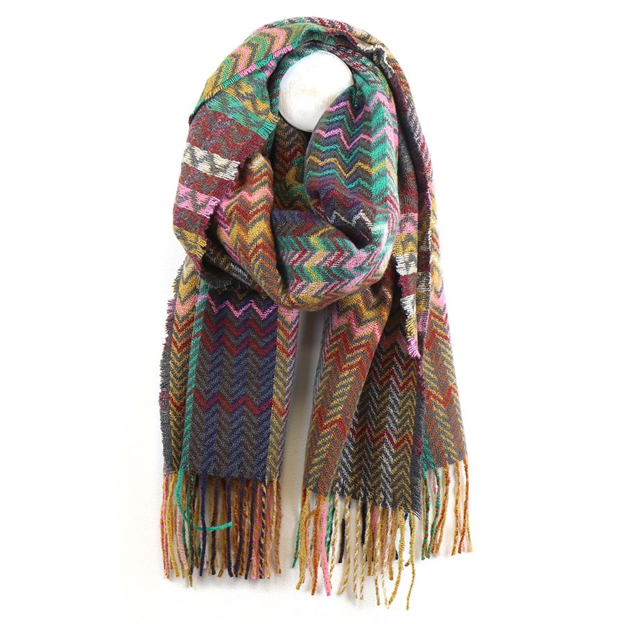Pink/ Green/ Beige multi-zig herringbone and check pattern scarf with fringing