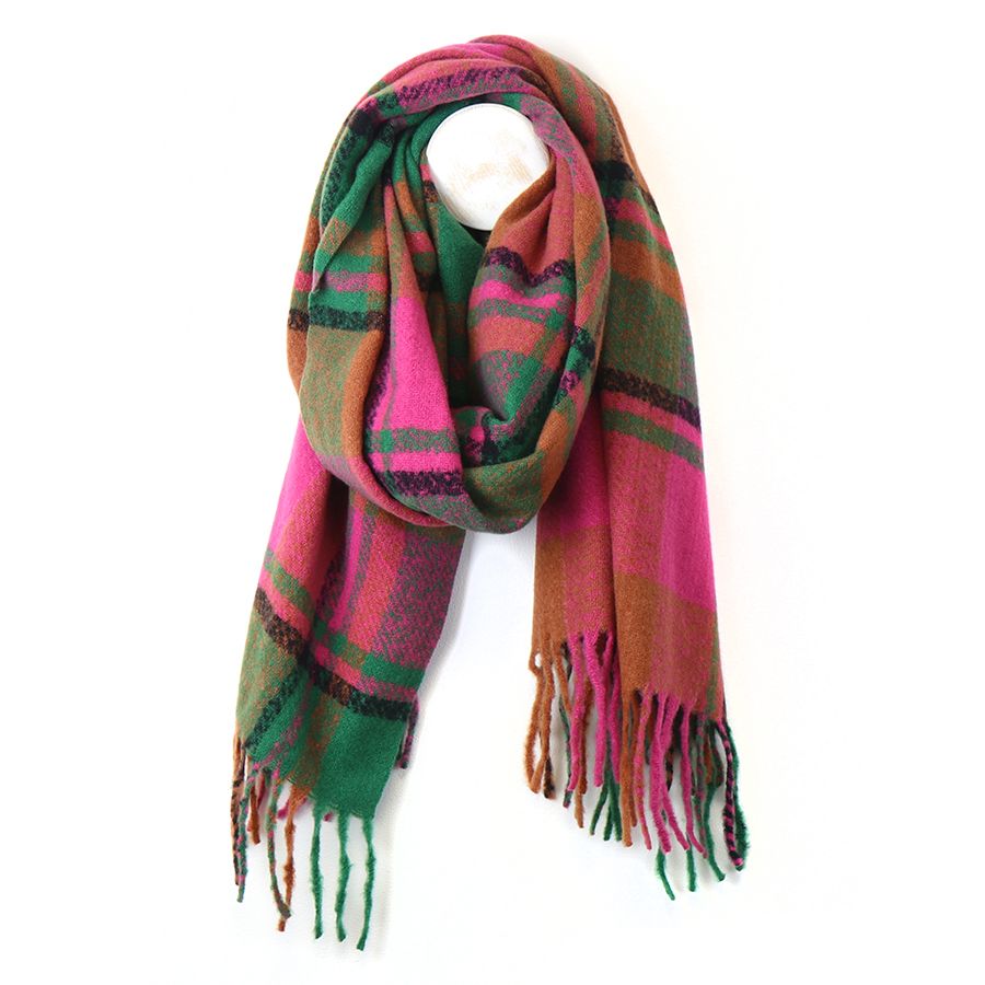Bright pink mix check scarf with fringe