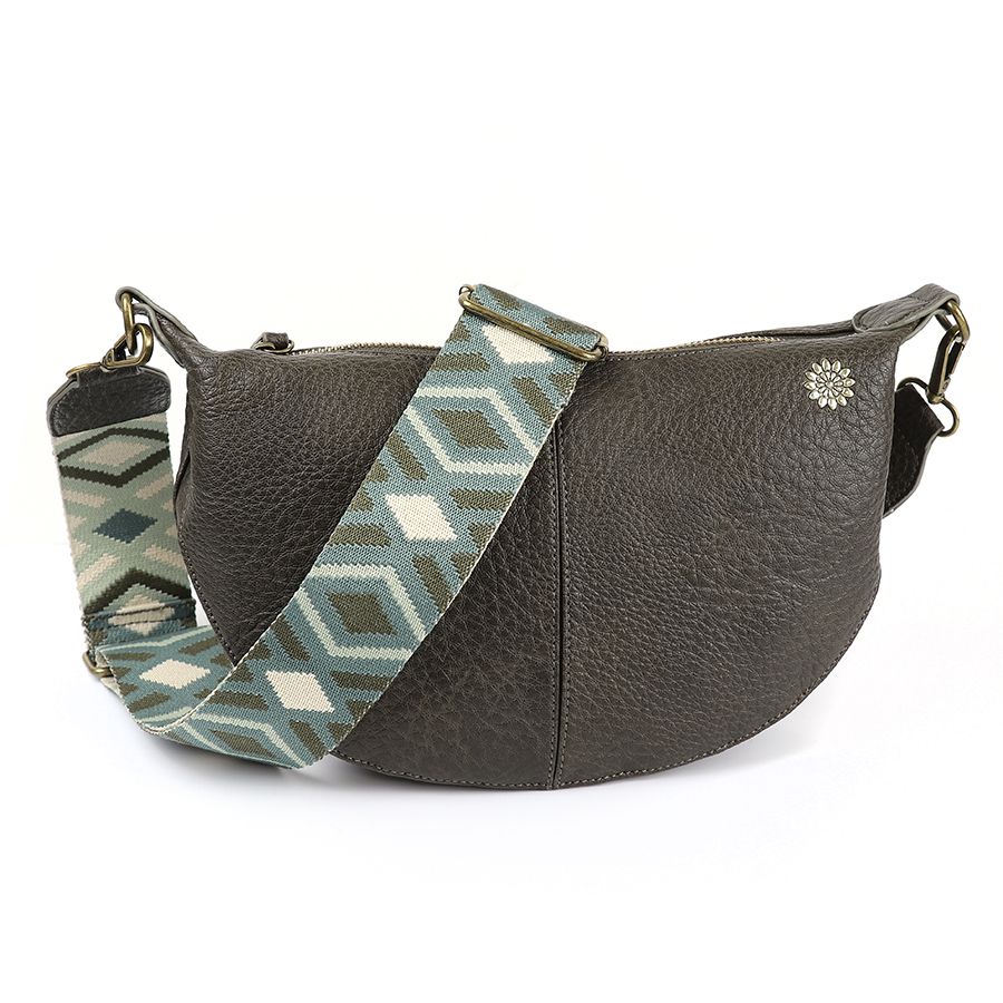 Slate Grey Vegan Leather half moon bag with green patterned woven strap
