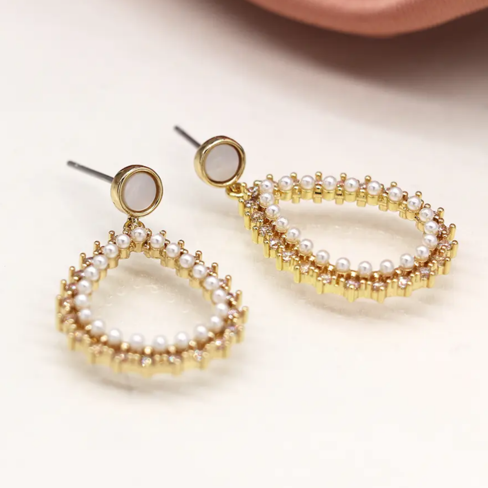 Faux gold,pearl and crystal teardrop and shell circle stud earrings