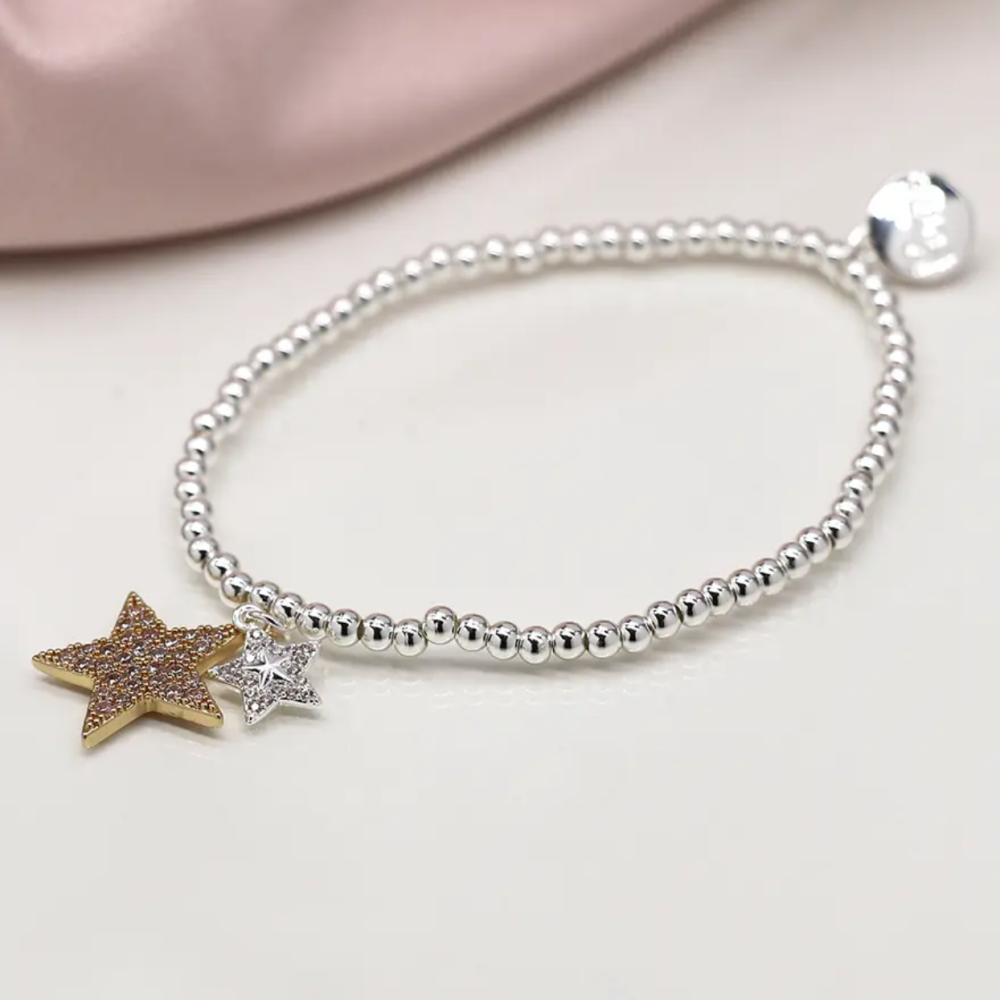 Faux gold and silver plated double crystal inset star bracelet
