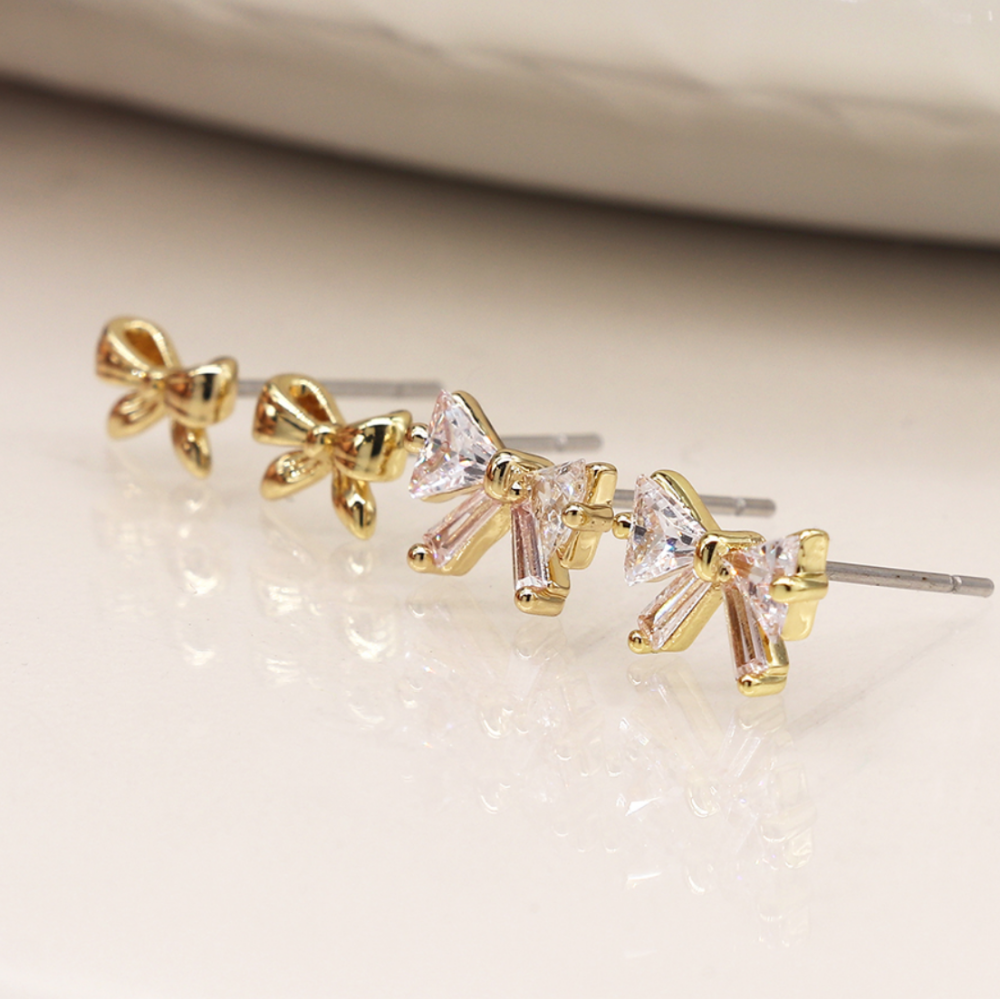 Faux gold bows and crystal bows double stud earring set