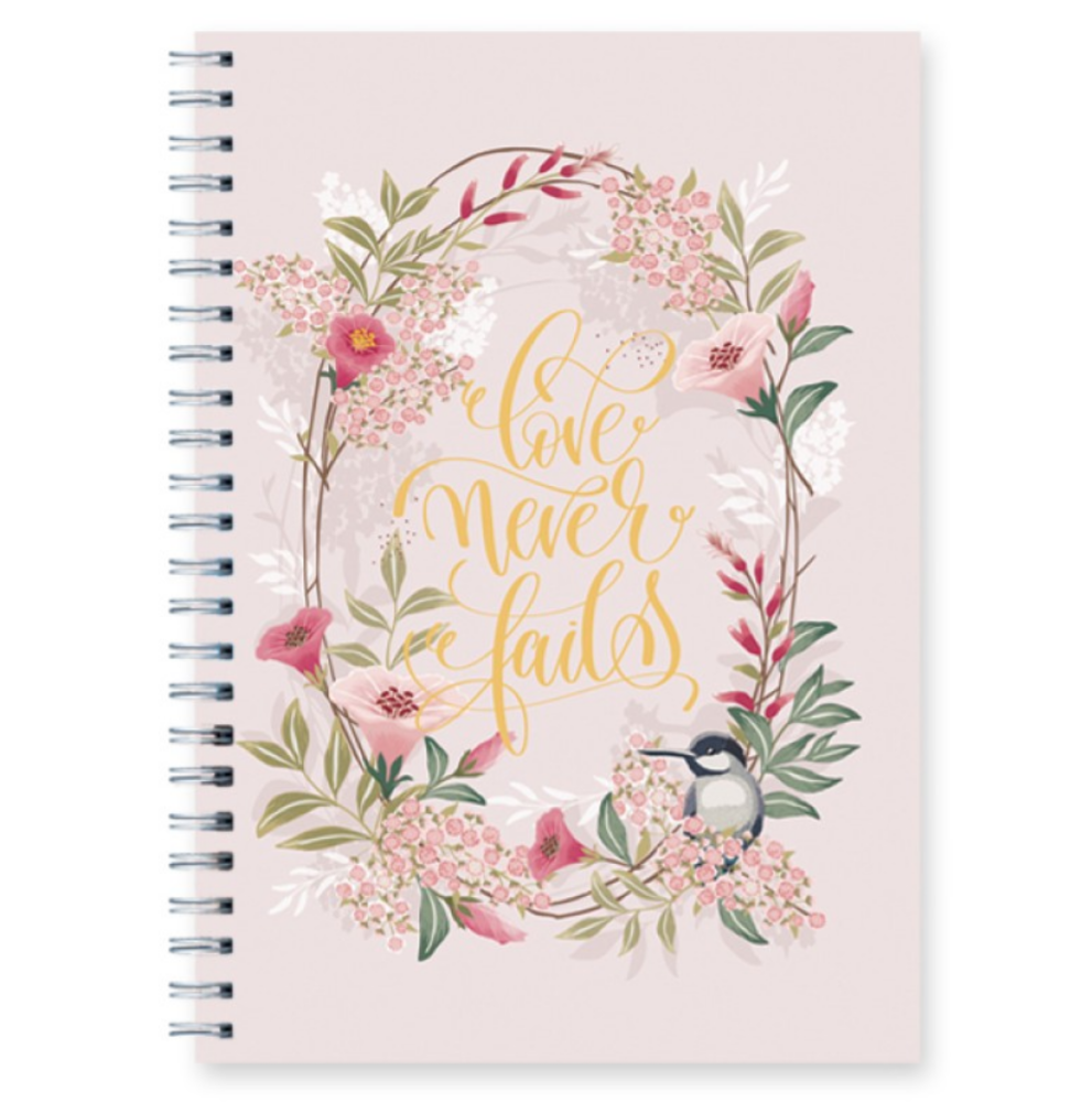 Love Never Fails Wire O Hard Cover Journals