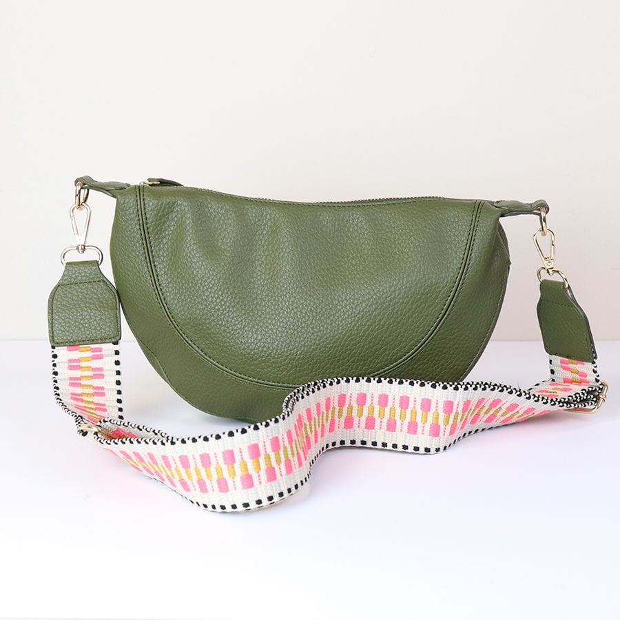 Deep Olive Vegan Leather half moon bag with Pink/ Yellow Zig Zag Strap