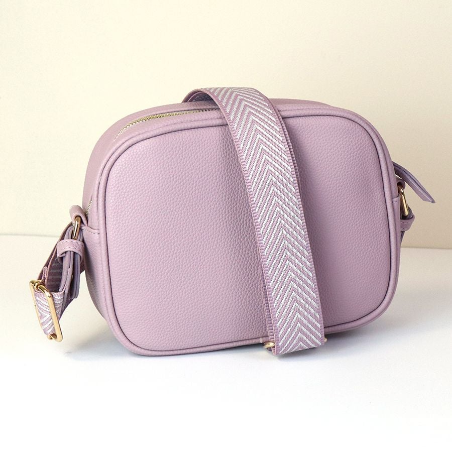 Lilac vegan leather camera bag with chevron strap