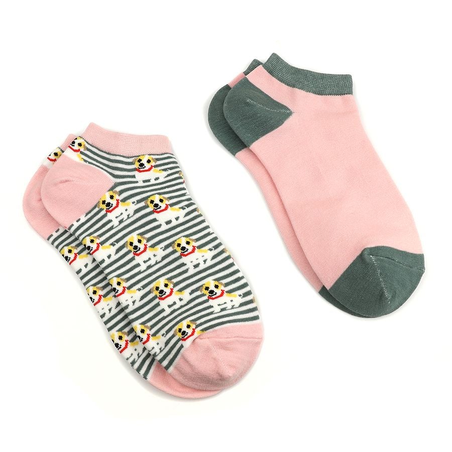 Pink and grey dogs and stripes trainer sock duo