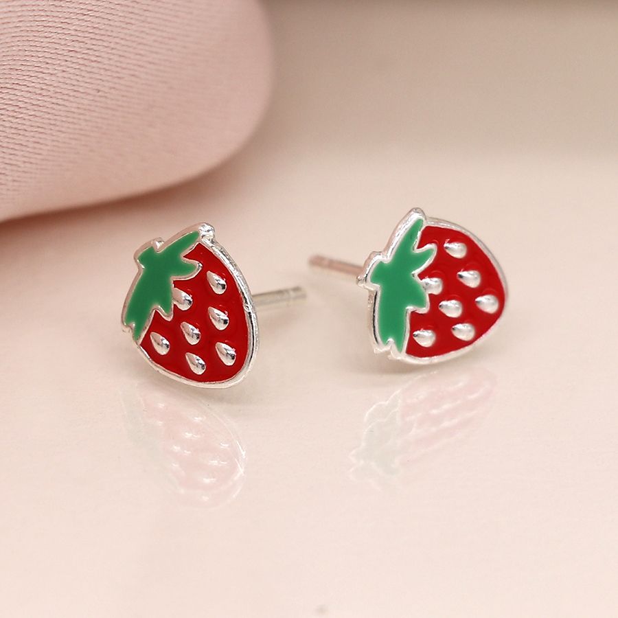 Sterling silver enamel strawberry earrings