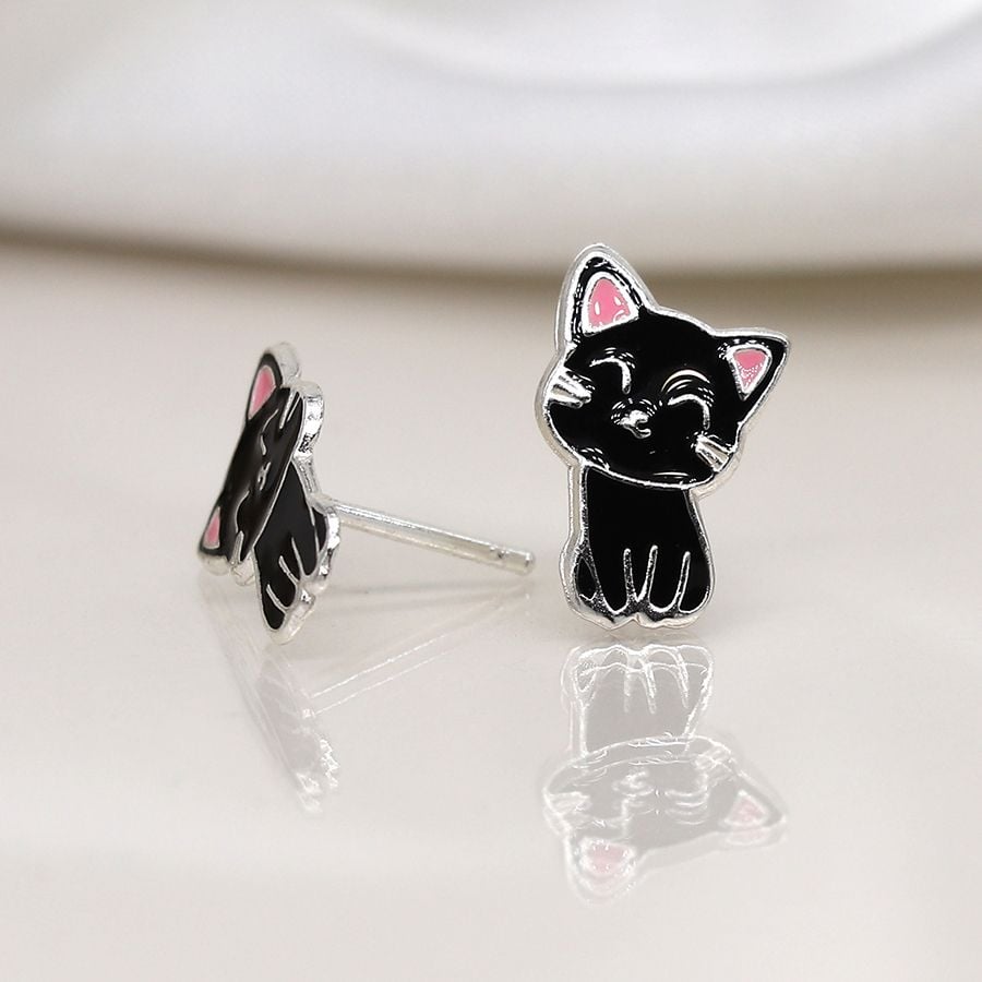 Sterling silver enamel black cat earrings