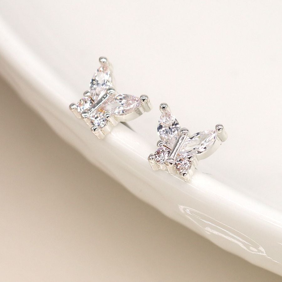 Silver plated crystal butterfly earring