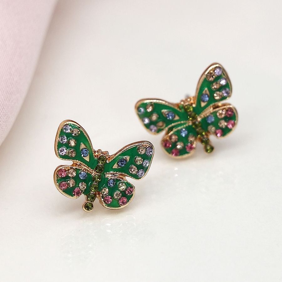 Faux gold plated green enamel and crystal butterfly earrings