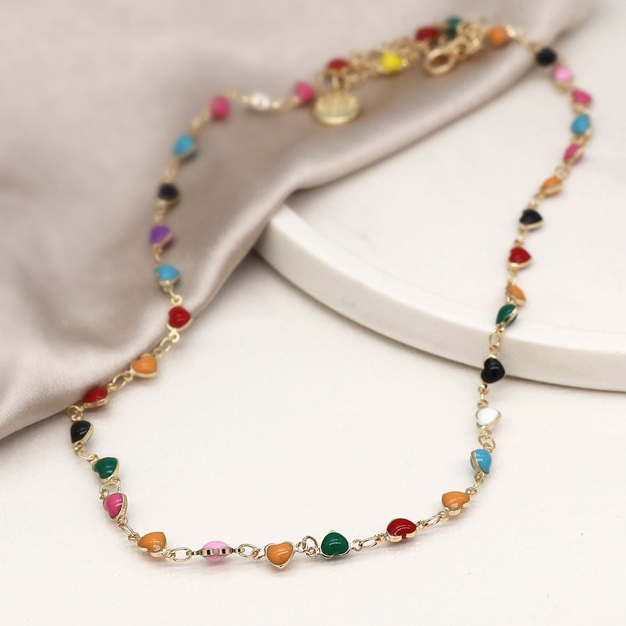 Golden and multicolour enamel hearts necklace