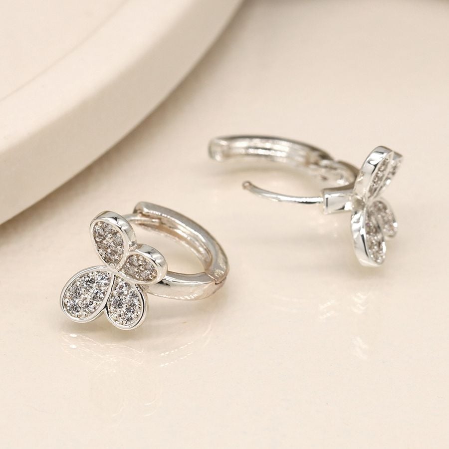 Silver plated crystal butterfly hoops