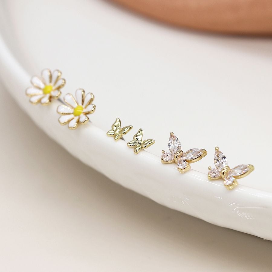 Golden triple flower and butterfly stud set