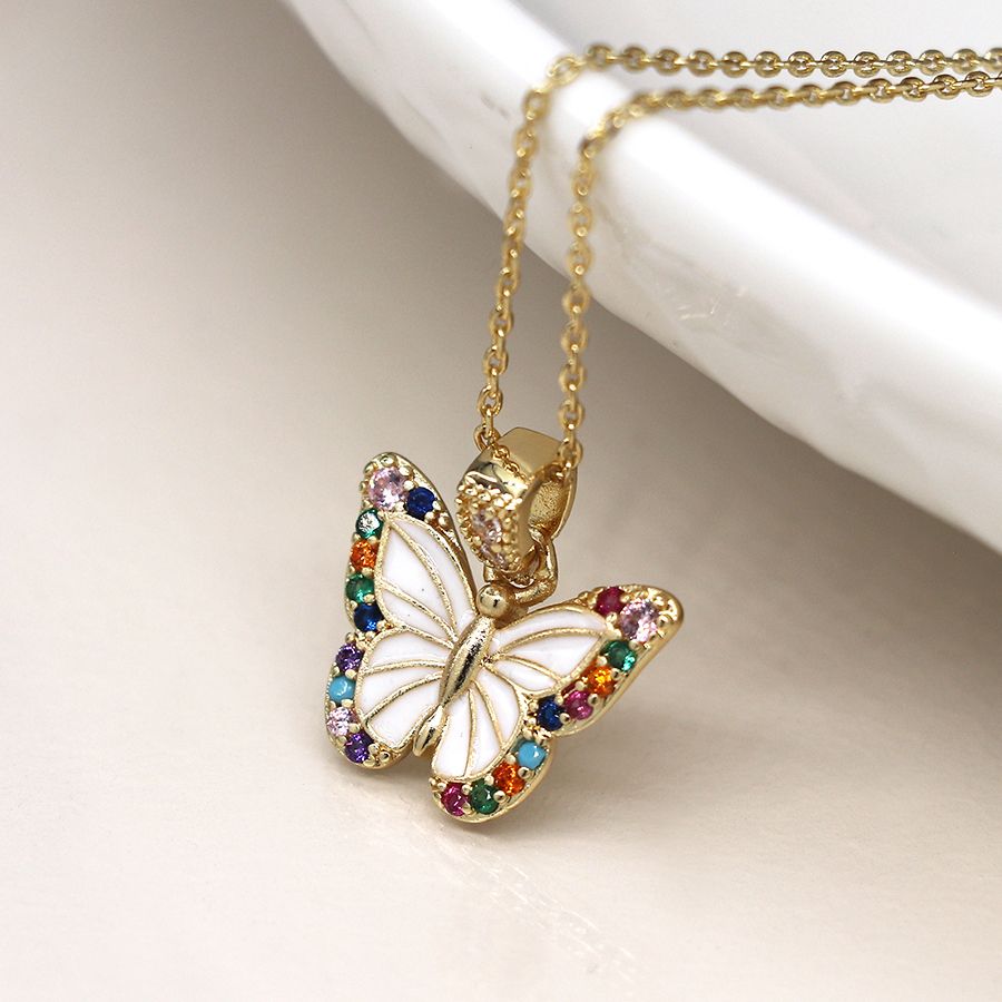 Golden, white and rainbow butterfly necklace