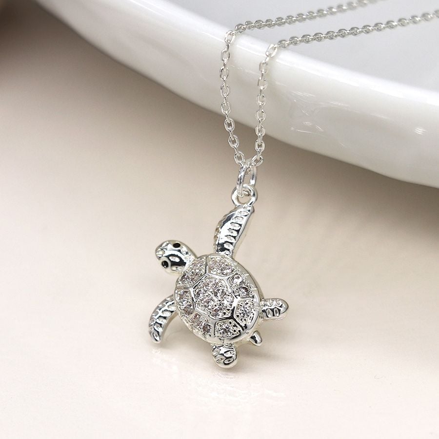 Silver plated crystal turtle necklace