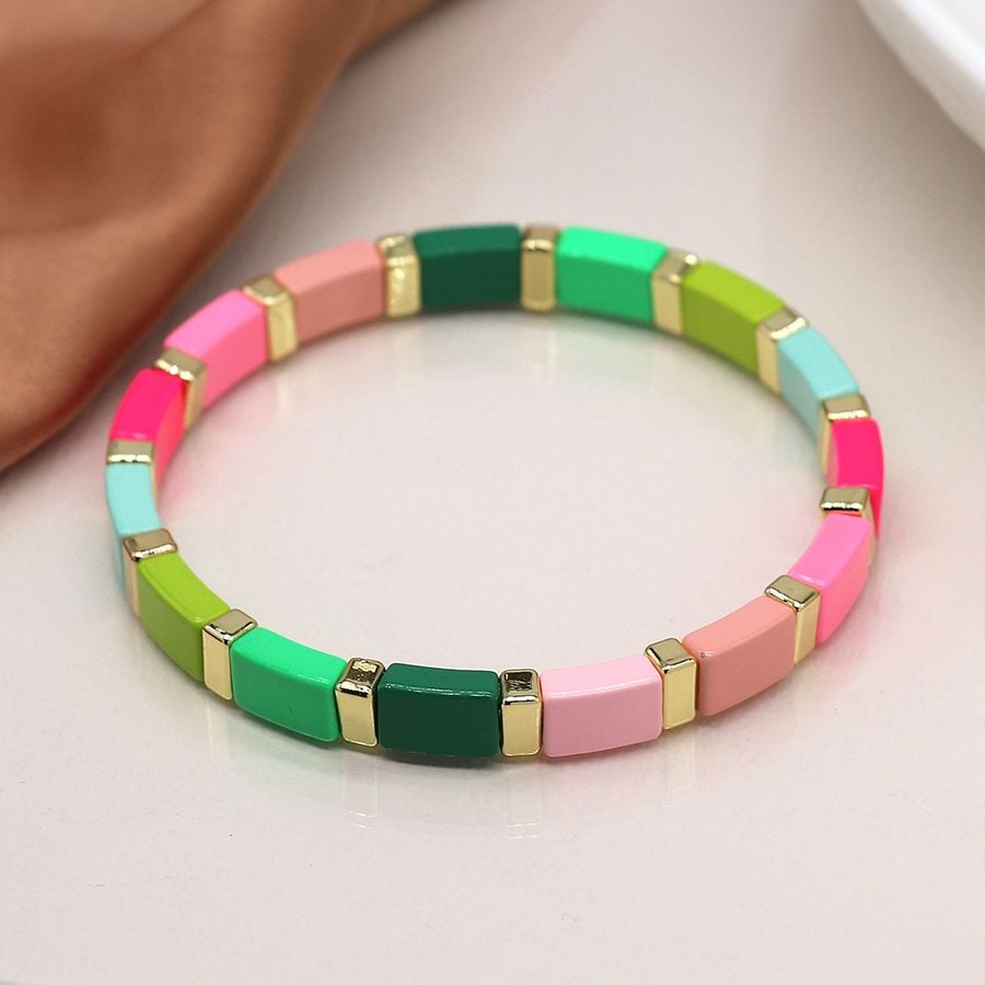 Vibrant mix and golden square edged bead bracelet