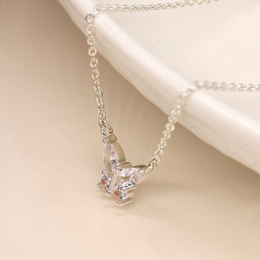 Silver plated crystal butterfly necklace