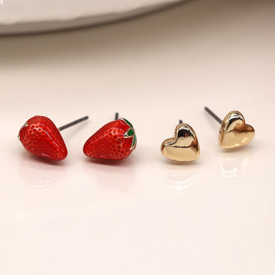 Strawberry and golden heart stud earring set