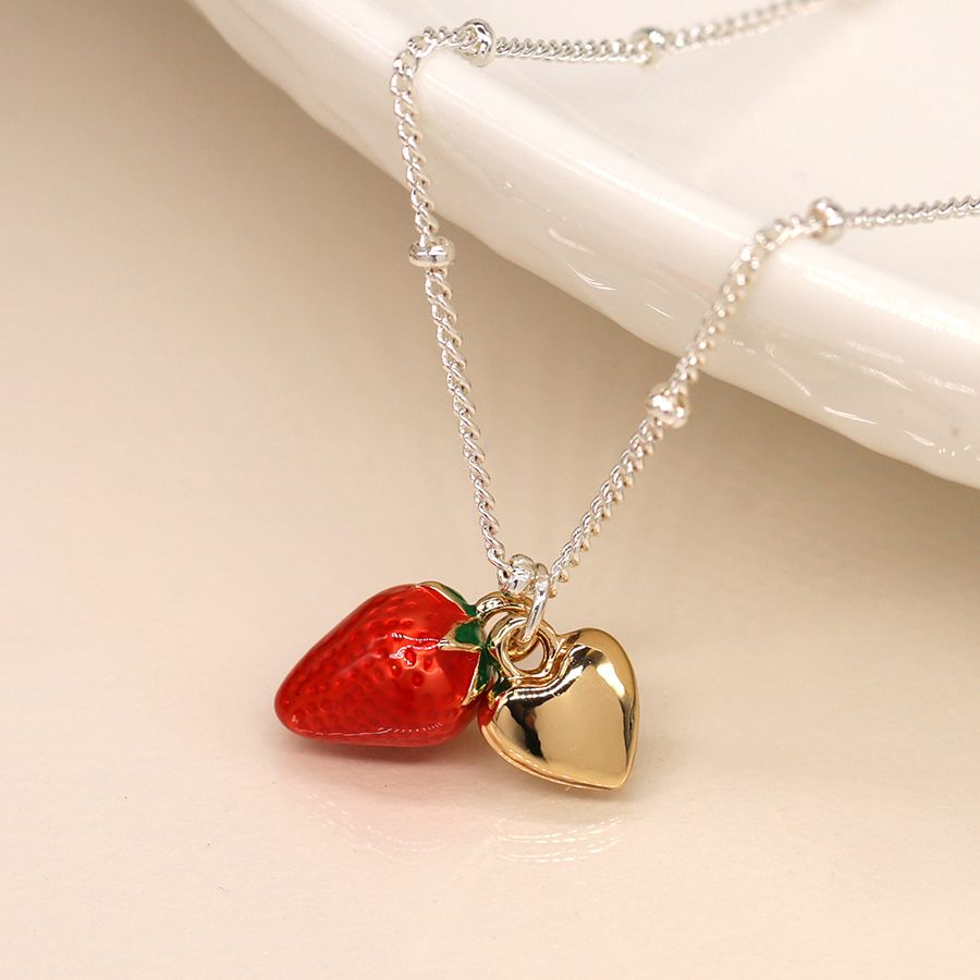 Silver plated necklace with enamel strawberry and golden heart