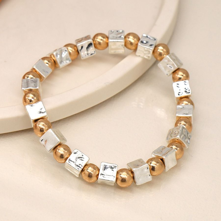 Silver plated cube and gold bead bracelet