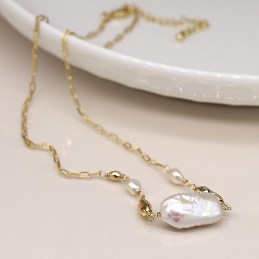 Faux gold plated chain and freshwater pearl necklace