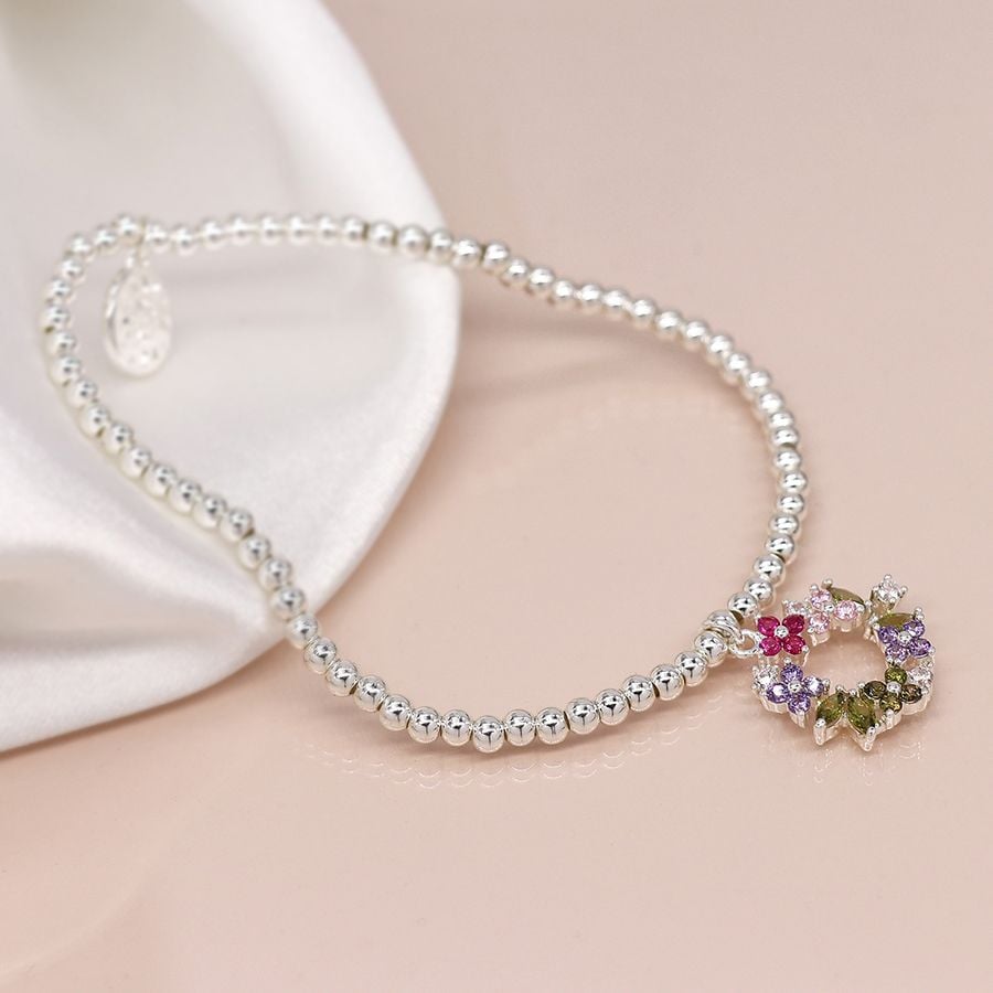 Silver plated floral crystal circle stretch bracelet