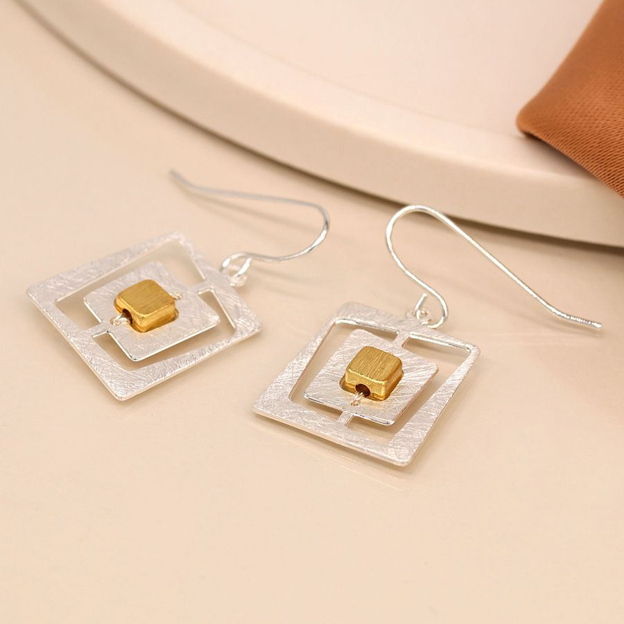 Faux gold and silver plated irregular nested square drop earrings