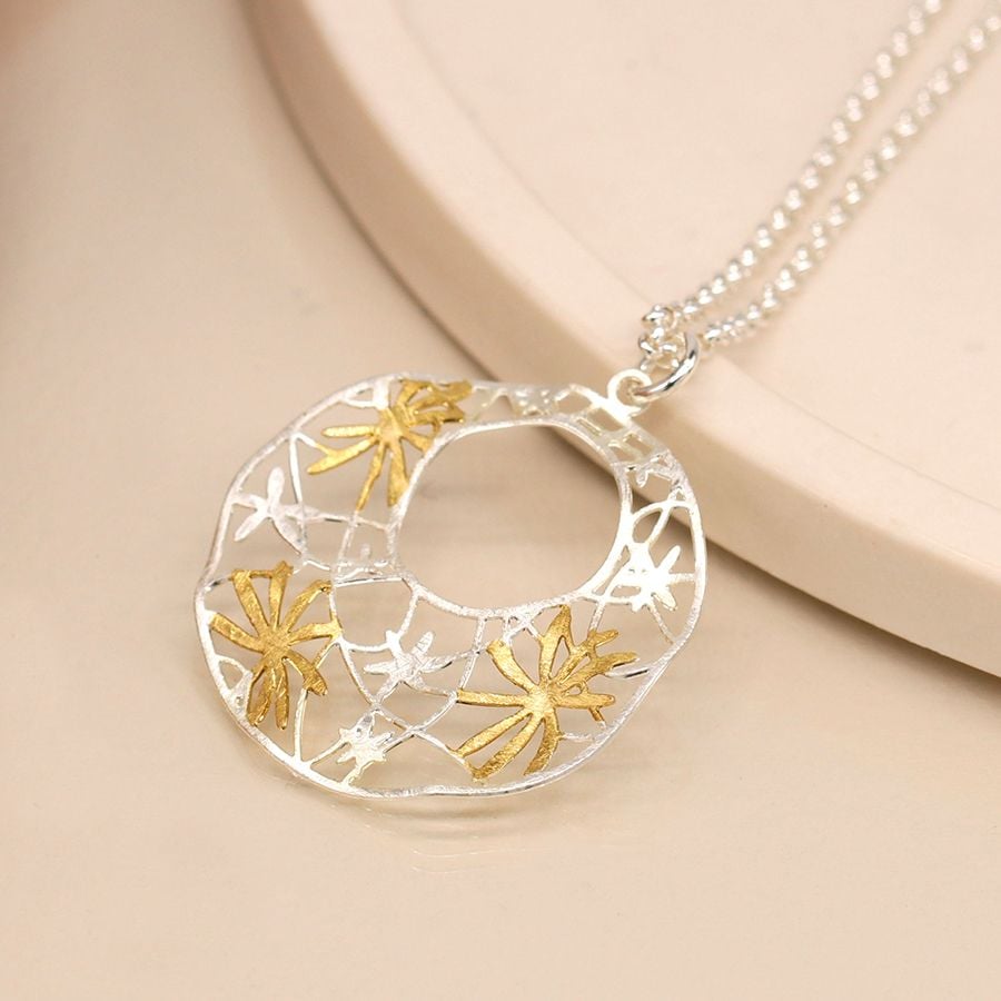 Silver plated and golden irregular jali floral necklace