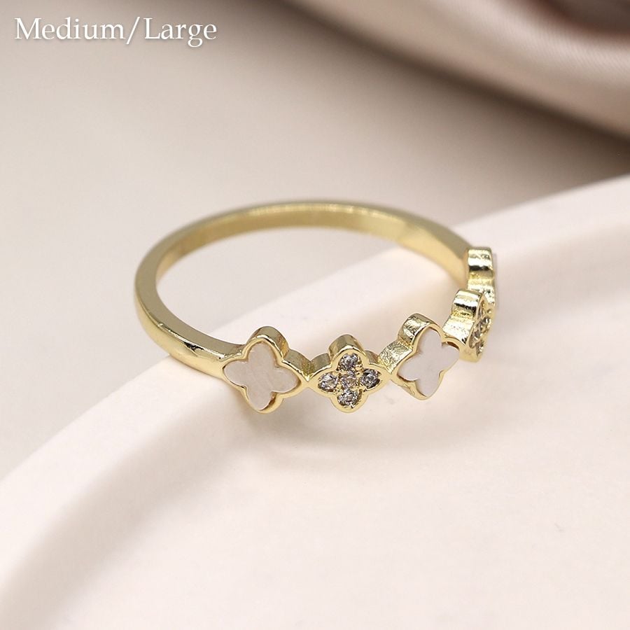 Gold plated crystal quatrefoil ring M/L