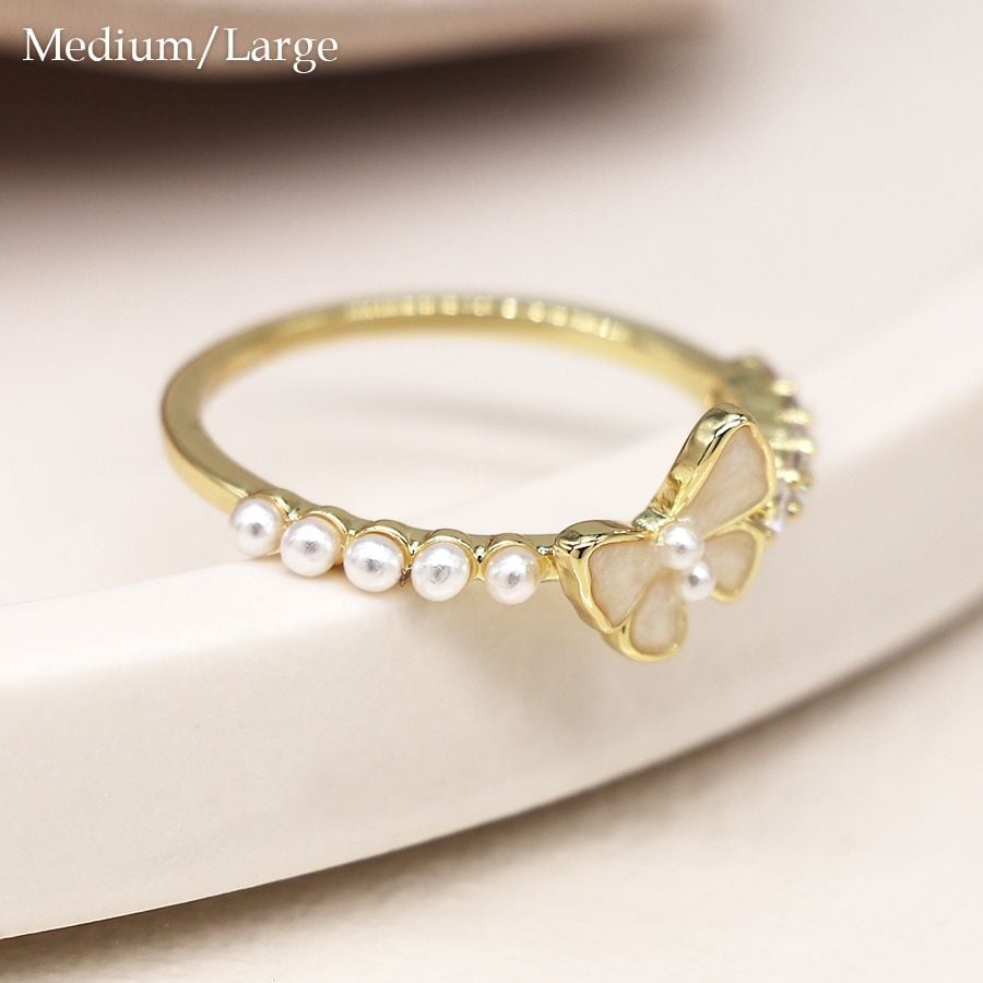 Gold plated butterfly, crystal and pearl ring m/l