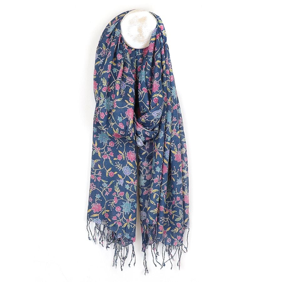 Blue mix floral vine print scarf with fringe