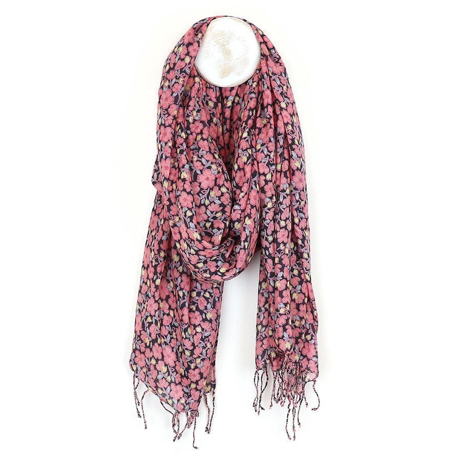 Pink mix floral jasmine print scarf with fringe