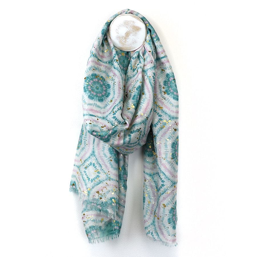 Teal mix circle and metallic print scarf