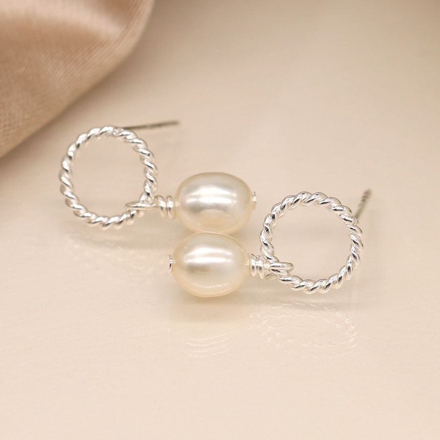 Sterling silver rope hoop and pearl earrings