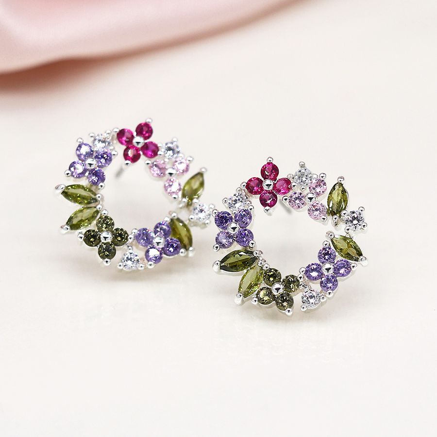 Silver plated floral crystal circle stud earrings