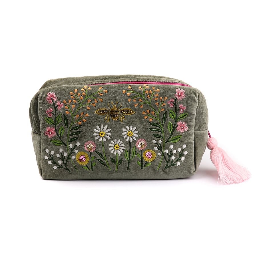 Sage green and pink velvet travel/ make up bag in meadow embroidery