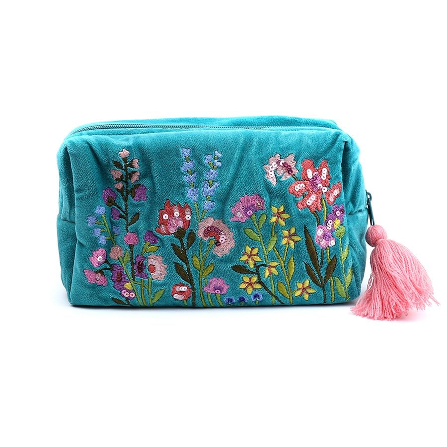 Turquoise mix velvet travel/ make up bag with Summer Meadow embroidery