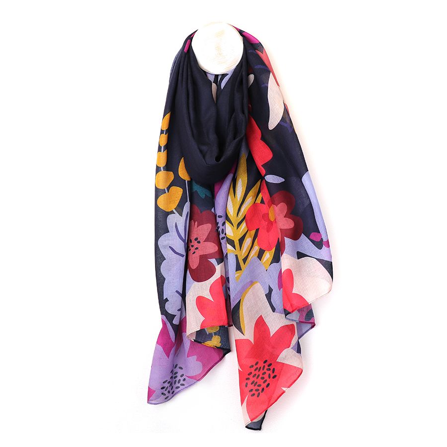 Navy blue recycled scarf with tropical print edge