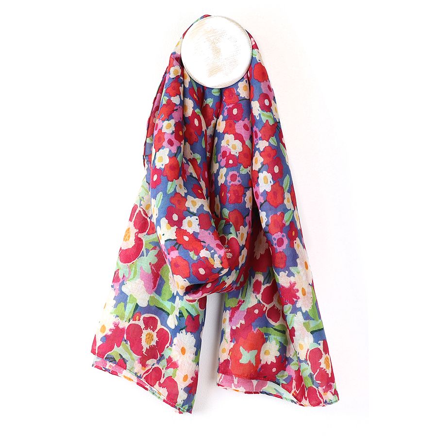 Red mix recycled blend painted floral print scarf