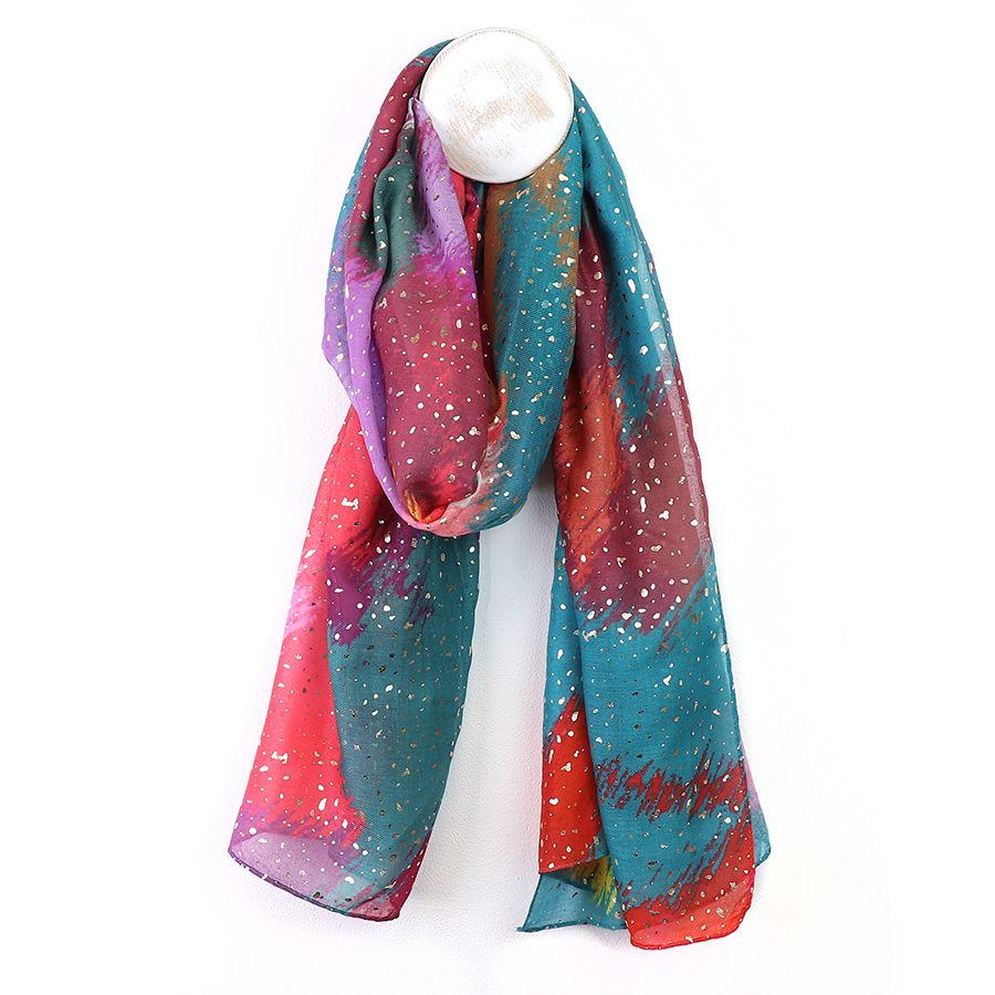 Teal and red mix abstract recycled blend scarf with foil